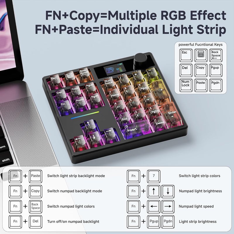 Boyi TD31Pro Gaming Keyboard,Mini Mechanical Numpad,BT5.0/2.4G/Type-C Wireless Numeric Keypad,RGB HotSwap Numpad with Screen&Knob,Gasket Macro Pad Number keypad for Win/Mac(Black Transparent) - Image 5